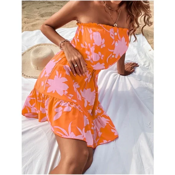 Boho Floral Print Button Detail Ruffle Mini Dress - Picture 8 of 9